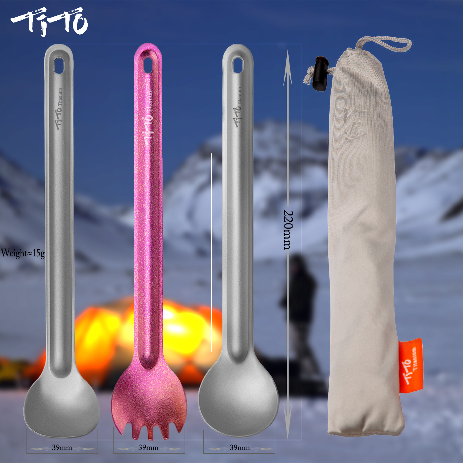 Camping Cooking Handle - TiTo Titanium Spork Spoon Long Handle