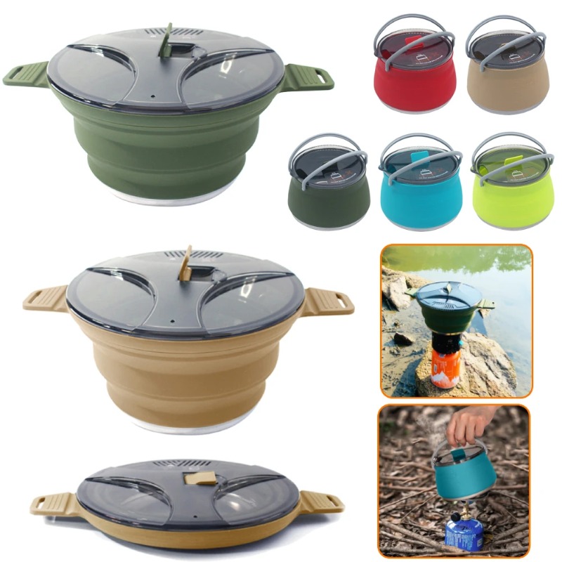 Camping Cooking Set With Kettle - Outdoor Silicone Kettle Foldable Portable Camping