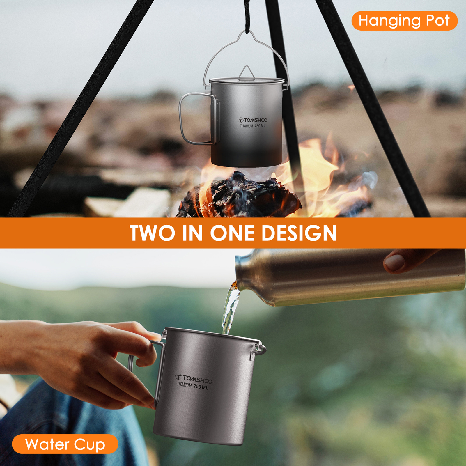 Camping Cooking Pot With Lid - TOMSHOO Ultralight 750ml Titanium Pot Portable