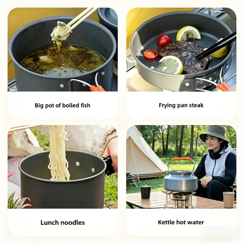 10PCS Ultralight Portable Alum – обзор и цена Camping Cooking Set With Kettle